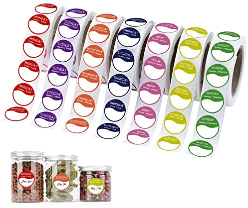 SyiXute 3500 Stück Gewürzetiketten Selbstklebend,1 Zoll Aufkleber zum Beschriften,Rund - Wasserfest - Days of The Week Stickers (Alle 7 Tage Inklusive 500 Etiketten pro Rolle) - Sieben Farben
