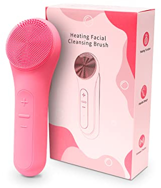 QUIRUMED Gesichtsreinigungsbürste mit Wärmefunktion, elektrisches Gesichtsmassagegerät aus Silikon, wasserdicht, ergonomisch, USB-Aufladung, 3,5 W, rosa Farbe