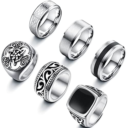 LOLIAS 6 Pcs Stainless Steel Men Rings Silver Matte Finish Polished Signet Rings Band Rings Bottle Opener Rings Celtic Knot Vintage Fidget Ring Engagement Promise Wedding Band Rings