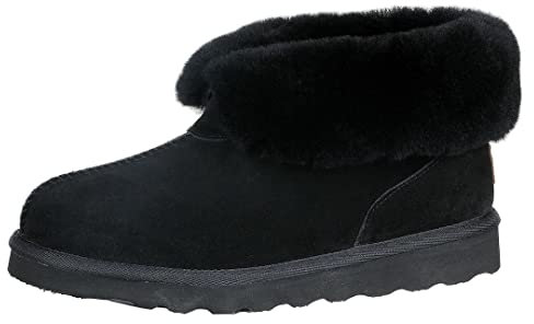 PAMIR Damen Schaffell Stiefel Hausschuhe Indoor Outdoor Stiefeletten mit Memory Foam, Schwarz, 42 EU