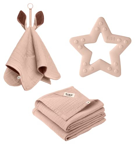 BIBS Baby Shower Geschenkset, mit BIBS-Kuscheltuch Kangaroo, Musselintüchern und einem Baby Bitie Beißring, das perfekte Geschenk für die Babyparty oder zur Geburt, 100 % Biobaumwolle, Blush