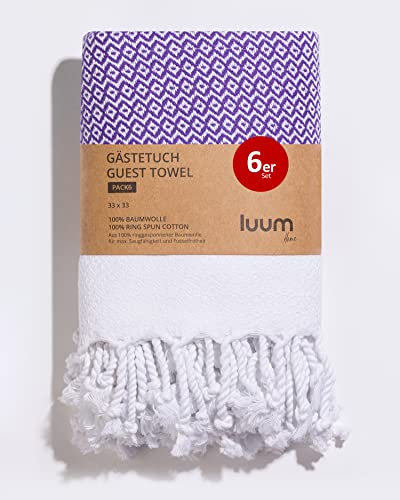 Luum® 6er Set Hamam Gästehandtücher, Deko Handtücher, Seiftuch, Waschlappen, Stoffservietten, Putzlappen, 100% Baumwolle schnelltrocknend fusselfrei Lila 33x33 Geschenkset Geschenke für Frauen