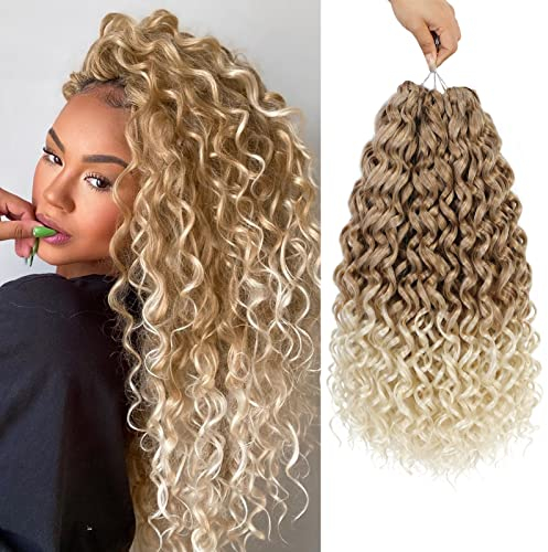 MLETULIPS GoGo Curly Crochet Hair Ombre Deep Wave Häkelhaar, Beach Curly Water Wave Synthetische Deep Twist Häkelgeflecht Böhmische Häkelgeflecht (18 inch, 27/613)
