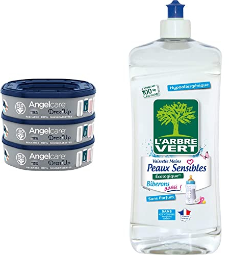 Angelcare - Dress Up - Recharges Octogonales pour Poubelle à Couche Dress up/Essential - Lot de 3 & L'Arbre Vert Liquide Vaisselle Peaux Sensibles Biberons 750 ml