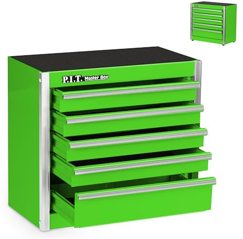 P.I.T. Mini Grün Werkzeugkasten, Tragbare 5 Schubladen Micro Roll Cab Stahl Werkzeugkoffer mit Liner, Grün Kleiner Werkzeugkoffer für Werkzeuge Aufbewahrung, Home DIY