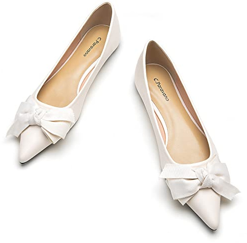 C.Paravano Womens Bow Tie Ballet Pumps | Pointed Toe Ballet Flat | White Leather Ballet Shoes | Casual Work Office Flat Shoes | Comfortable Dolly Shoes for Women