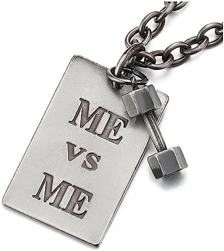 COOLSTEELANDBEYOND Vintage Langhantel Hantel Dog Tag Anhänger Halskette mit Me Vs Me für Herren Damen, 61CM Seil-Kette
