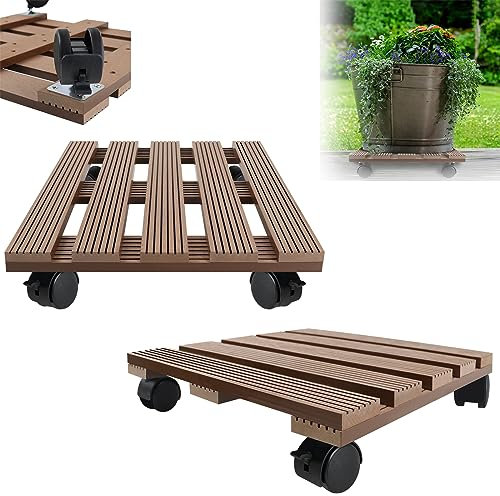 XMTECH WPC Lot de 2 rouleaux de support pour plantes et fleurs - Charge maximale : 100 kg - 30 x 30 cm - Pour l'extérieur et l'intérieur - Plateau à roulettes - Carré - Marron