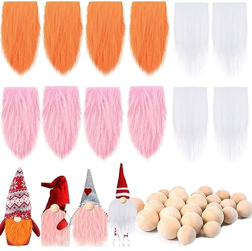 12 Stück Wichtel Bart, DIY Vorgeschnittener Wichtelbart Zum Basteln Kunstfell GNOME Zwergbart mit Holz Kugel Zwerg Puppe Zubehör Weihnachtsmann Barthaare Weihnachten Ostern Deko für Wichtel Zubehör