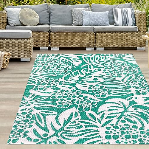 Teppich-Traum Outdoor Vorzelt Teppich Kunststoff wetterfest wasserfest Camping Wohnmobil Blätter-Design Petrol 120 x 170 cm