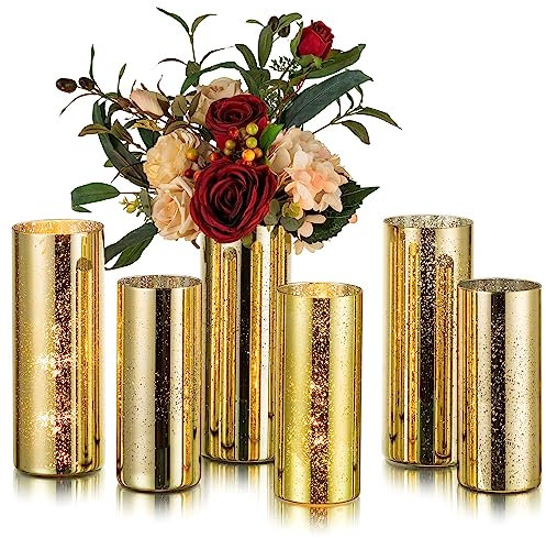 Glasseam Vases cylindriques dorés pour centres de Table : 6 vases Modernes en Verre Mercure ouragan pour Fleurs – Bougeoirs décoratifs dorés pour fête de Mariage, Salle à Manger, décoration de Table