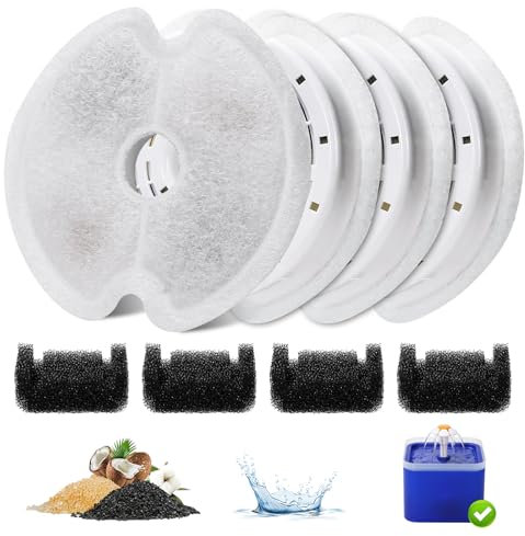 EZMioo 4 Packs Cat Water Fountain Filters for Ultra Silent Cat Fountain 67oz/2L with LED Night Light, Triple Filtration System Activated Carbon Filter with Pre-Filter Sponges for Pet Water Fountain