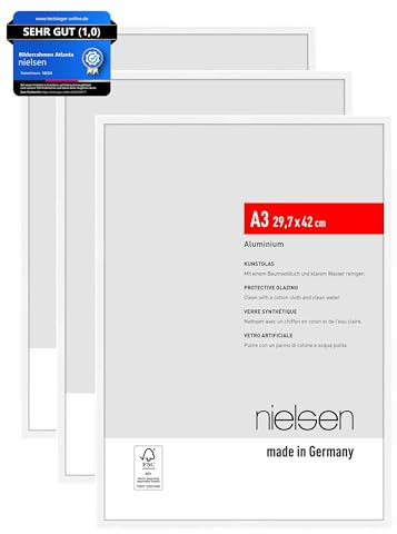 nielsen Bilderrahmen, 29,7 x 42 cm (A3) (3er Set), Aluminium, Weiß matt, Posterrahmen zum Aufhängen im Hoch- & Querformat, bruchsicheres Kunstglas, Atlanta