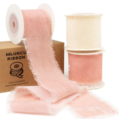 Mlurcu Nastro di velluto rosa polveroso/avorio/rosa cipria, largo 5 cm, vintage, frangia, sfilacciato, bordo grezzo, nastro di velluto per albero di Natale, confezioni regalo, inviti di nozze, bouquet