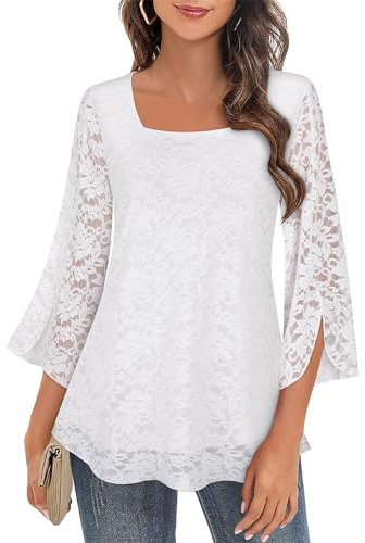 Syphiby Chemisier à volants à manches 3/4 pour femme, ample et fluide en mousseline de soie, double couche, tailles M-3XL, Blanc dentelle, M