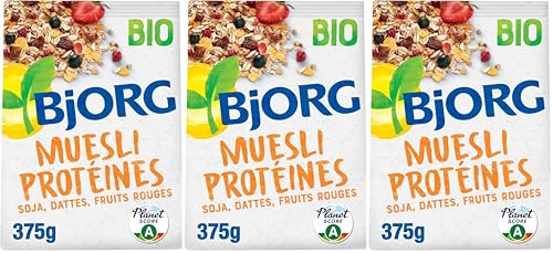 BJORG - Muesli Protéines - Soja, Dattes, Fruits Rouges - Riche en Protéines - Source de Fibres - Céréales Complètes Avoine et Blé - Bio - 375g