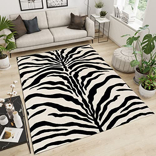 WTVBHF Modischer Einfacher Teppich Mit Zebra-Leopardenmuster, Moderner Schwarz-Weißer, Unregelmäßig Gestreifter Teppich, Kurzer Plüschteppich, Geeignet Für Räume, Wohnzimmer, Flure-80x150cm