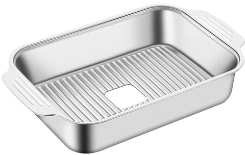 Oldmoom Bistecchiera in acciaio inox, bistecchiera con coperchio – Piatto rettangolare in metallo, contenitore per alimenti, dotato di manici, vassoio per alimenti per piatti di pesce, per mangiare in