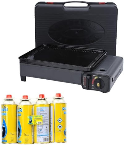 Portable Gas Stove Burner and 4 Gas Cans - Stainless Steel Compact Camping Stove - With Barbecue Grill Plate, Drip Tray, Tongs and Carrying Case for Outdoor BBQ, Picnics or Travel Cooking