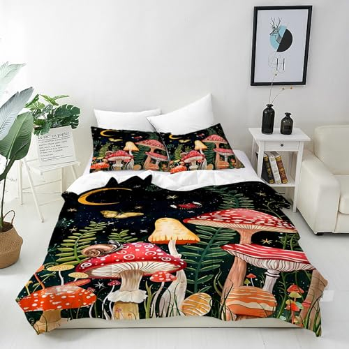 ANHOPE Pilz Mond Stern Schmetterling Bettwäsche Set Microfaser Bettbezüge mit Reißverschluss 3 Teilig Bettbezug 200x200 cm + 2 Kissenbezug 80x80 cm Weich Ganzjahres Bettdeckenbezug Set