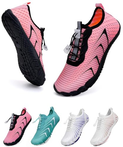 WateLves Unisex Barfußschuhe Damen Herren Wasserschuhe Badeschuhe Schnell Trocknend Weich Traillaufschuhe Fitnessschuhe mit rutschfest Sohle & Breiter Zehenbox(Rosa 38)