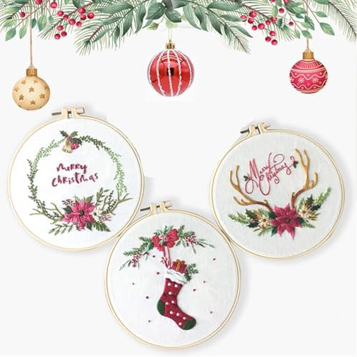 Huimai 3 Stück Stickerei Sets Weihnachten für Anfänger Kreuzstich mit Weihnachtsstrumpf Florales Muster, 3 Anleitung, 3 Stickrahmen und Farbfäden, Embroidery Kit (Weihnachten Stil / 3 Stück)