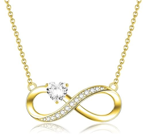 ADVIOK Infinity Necklace 925 Sterling Silver Gold Plated Chain 16'' with AAA Heart Cubic Zirconia Infinity Pendant Present Jewellery Gifts