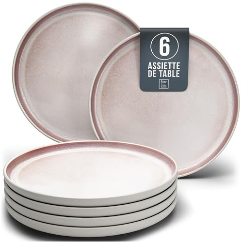 Ibiza Platos de gres grandes para 6 personas, juego de platos llanos de gres, elegante juego de platos, platos para 6 personas, color beige y rosa