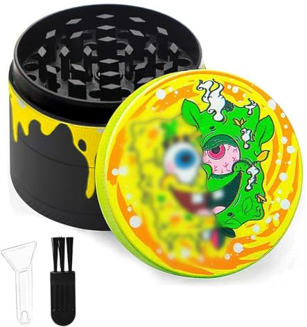 LHOEST Grinder Crusher 24 Zähne, Grinder Metall Gelber Karikatur, Zinklegierung Mahlwerk mit Scraper und Plastikbürste, Gewürzemühle 4-teiliges Set für Spice Pollen