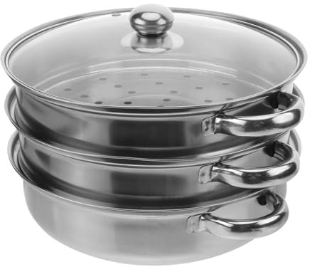 TOPBATHY Olla De Vapor De Acero Inoxidable De 28 Cm Vaporera De Capas Olla Multifunción Tapa De Vidrio Templado Para Mariscos y Sopas Adecuado Para Cocina Saludable Diseño Antideslizante