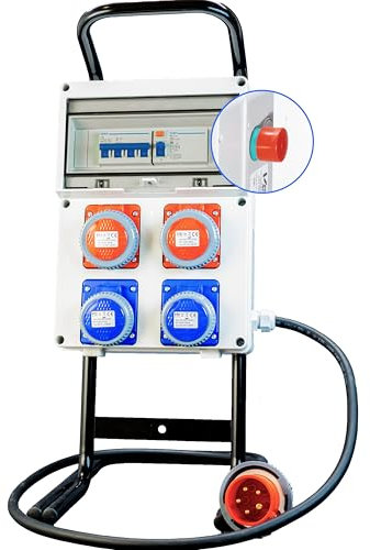 VSDITALIA - Quadro Elettrico da Cantiere ASC Portatile 11KW IP67-2 Prese 16A 220V, 2 Prese 16A 380V 4poli, Spina 380V 16A 5 Poli con fungo di emergenza e Spina trifase 5 Poli - Cavalletto d'Acciaio