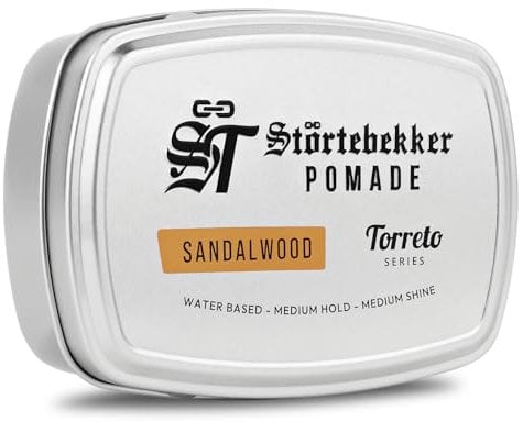 Störtebekker® Premium Pomade Wasserbasiert Sandelholz - Pomade Herren 'Torreto Series' - Mittlerer Halt - Mittlerer Glanz - Haarwachs 125ml - Barbershop Haarpomade - Haarstyling Made in Germany