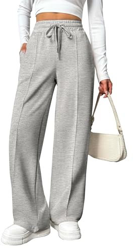 PINSPARK Damen Jogginghose High Waist Sporthose Weites Bein Sweatpants mit elastischem Bund Yogahose Trainingshose Fitness Sweathose Baggy Freizeithose mit Taschen Hellgrau S