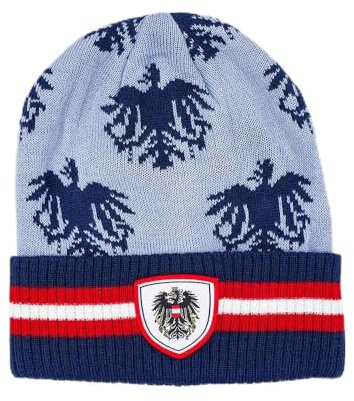 Hoamatkult Österreich Kult Mütze – Warme Winter Haube mit Adler Wappen – Jacquard Beanie mit RIPP-Strick Umschlag – Unisex & Elastisch – Kuschelig weich - blau