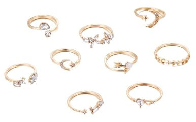 Generic 9 pezzi Love Butterfly Star Moon Diamond Combinazione Anello Donna, Resina, Nessuna pietra preziosa