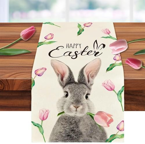 Ostern Tischläufer, CIYIN 33 x 182cm Frühling Tulpe Hase Ostern Tischläufer, Saisonnal Waschbar Küche Esstisch Dekoration, Osterhase Tischdeko für Drinnen und Draußen Urlaub Party