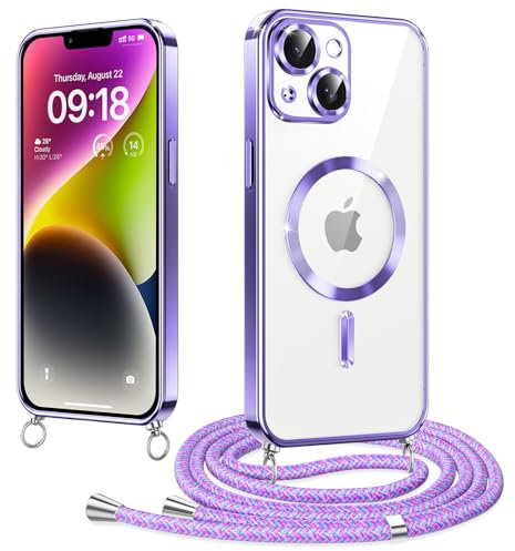 Woijrly Magnétique Coque avec Cordon pour iPhone 14 6.1, Compatible avec MagSafe, Coque Magnétique en Galvanisé avec Réglable Collier Lanyard, Antichoc Etui pour iPhone 14, Violet
