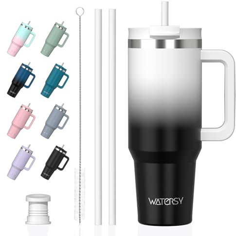 WATERSY 1.2L Thermobecher mit 2 Strohhalmen, Trinkbecher Auslaufsicherer Kaffeebecher To Go Vakuum-Isoliert mit BPA frei Schraubdeckel, Trinkflasche Kühlt 12 Stunden,Weiß+Schwarz