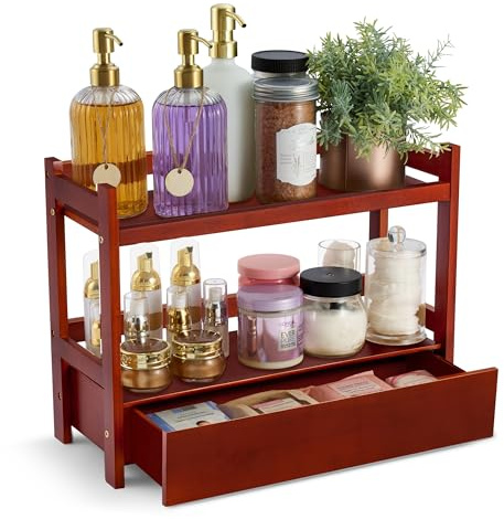 Sorbus Bamboo Bathroom Counter Organizer – 2-Tier Shelf with Hidden Drawer for Vanity, Matcha Station, Bathroom Sink Organizer Countertop, Kitchen & Office Storage (17″ L x 6.5″ W x 12.6″ H) (Brown)