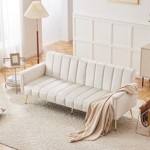 Rosebibi Modernes klappbares Schlafsofa, Schlafsofa mit Hilfsfüßen, mit Schlaffunktion, Samtstoff, geeignet für Wohnzimmer, Schlafzimmer, Heimkino, Gästezimmer. Video verfügbar (Beige)
