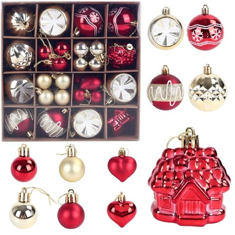 Weihnachtskugeln Kunststoff Set, 42 Stück Christbaumkugeln, Christbaumschmuck Set Wetterfeste Weihnachtskugeln, für Weihnachten und Party Dekore, Rot und Gold
