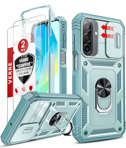 LeYi Fallschutz Hülle für Samsung Galaxy A17 5G Slide Kamera Klappe Handyhülle [2 Hartglas Handyfolie] Metallständer Kamera Abdeckung Schutzhülle Halterung A 17 Case Robust Cover Handy Hüllen Grün