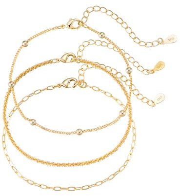 Diorra 3 Stück Armband Damen Gold, 14 Karat Vergoldet Armband Set Verstellbare Stapelbare Figaro Perlen Ketten Armbänder Gold Schmuck Geschenke für Frauen