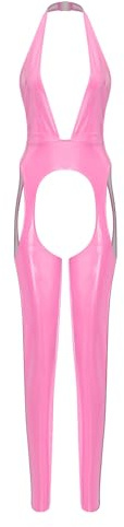 TiaoBug Damen Wetlook Bodysuit Ouvert Hose Latex Catsuit Lack Leder Overall Jumpsuit Neckholder Top Hot Pants Aushöhl Dessous Gogo Clubwear Rosa M