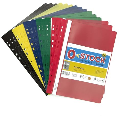 Archivhefter A4, 15 Stück, 5 Farben, stabil, transparente Vorderseite, Metall-Abheftmechanik, made in Germany
