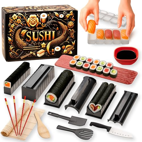 15 Piece Sushi Making Kit - Contains Nigiri and Rice Molds, Bamboo Mat, Chopsticks, Knife, Spatulas, Bowl and Tray - Kit to Make Sushi at Home - Includes Guide and Videos