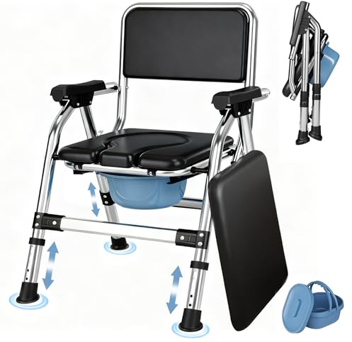 HAIORJUN Bedside Commode Chair, Foldable Toilet Chair with Padded Seat, Adjustable Portable Commode with Lid and Removable Bucket for Bedroom, Home and Night Time Use