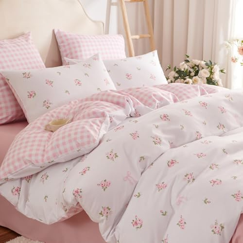 Tospass Housse de Couette 200x200 Fleurs Grille Blanc Rose Parure de Lit | Linge de Lit 2 Personnes Filles, Fermeture Éclair, Housse Couette en Microfibre, 2 Taie d'oreiller 65x65cm, Certifié Oeko-Tex