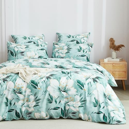 Boqingzhu Blumen Bettwäsche 135x200 cm Mintgrün Grün Weiß Blüten Pflanzenmuster Mikrofaser Bettbezug mit 1 Kissenbezug 80x80 cm, Bettwäsche Elegant mit Luxuriösem Floralmotiv