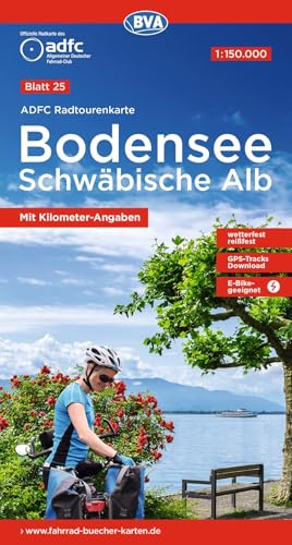 BVA ADFC Radtourenkarte Bodensee Schwäbische Alb 1:150.000: reiß- und wetterfest, E-Bike geeignet, GPS-Tracks Download, mit Kilometer-Angaben